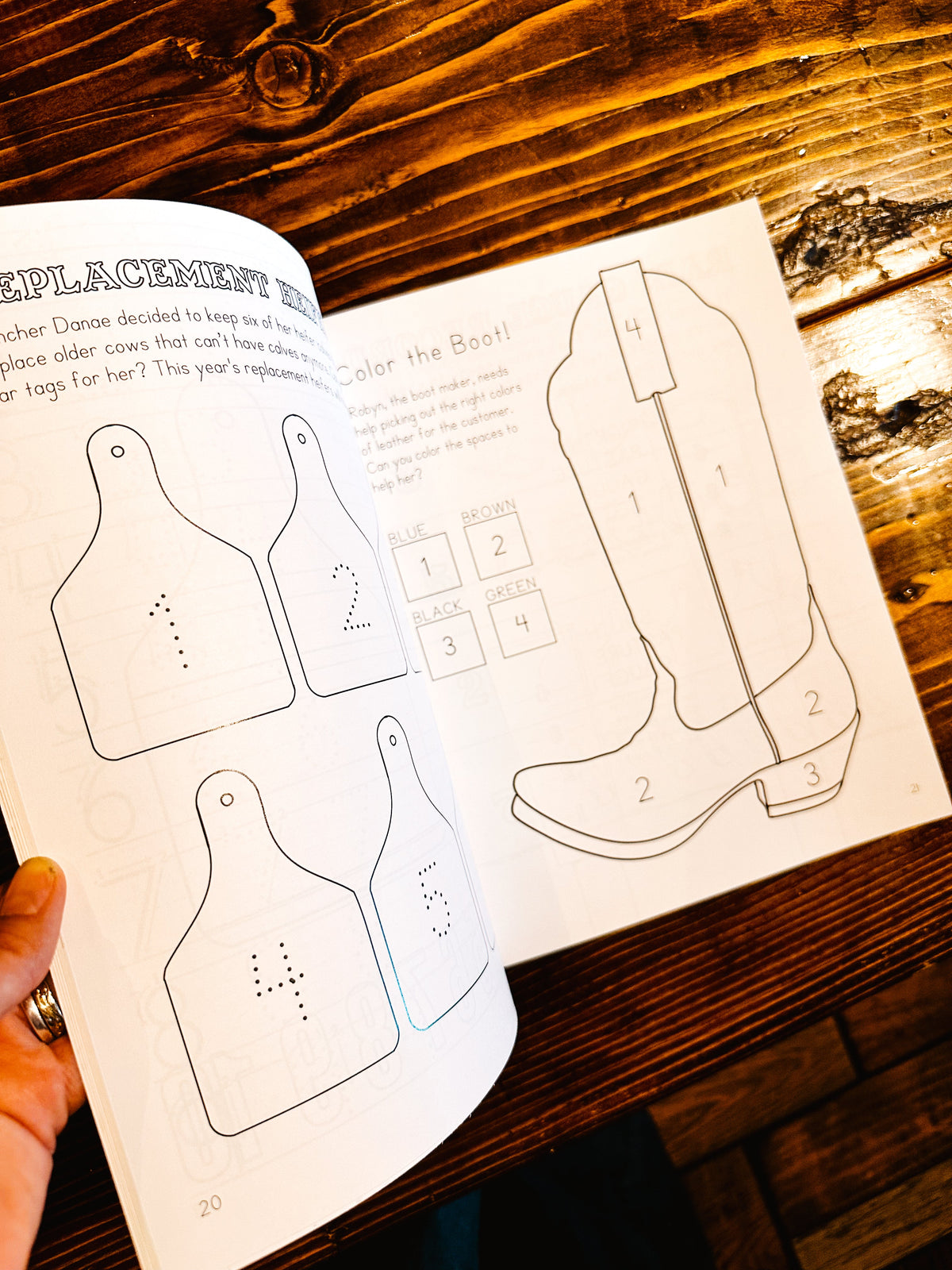 Inside example page of Ranch Math workbook with a boot color by number.