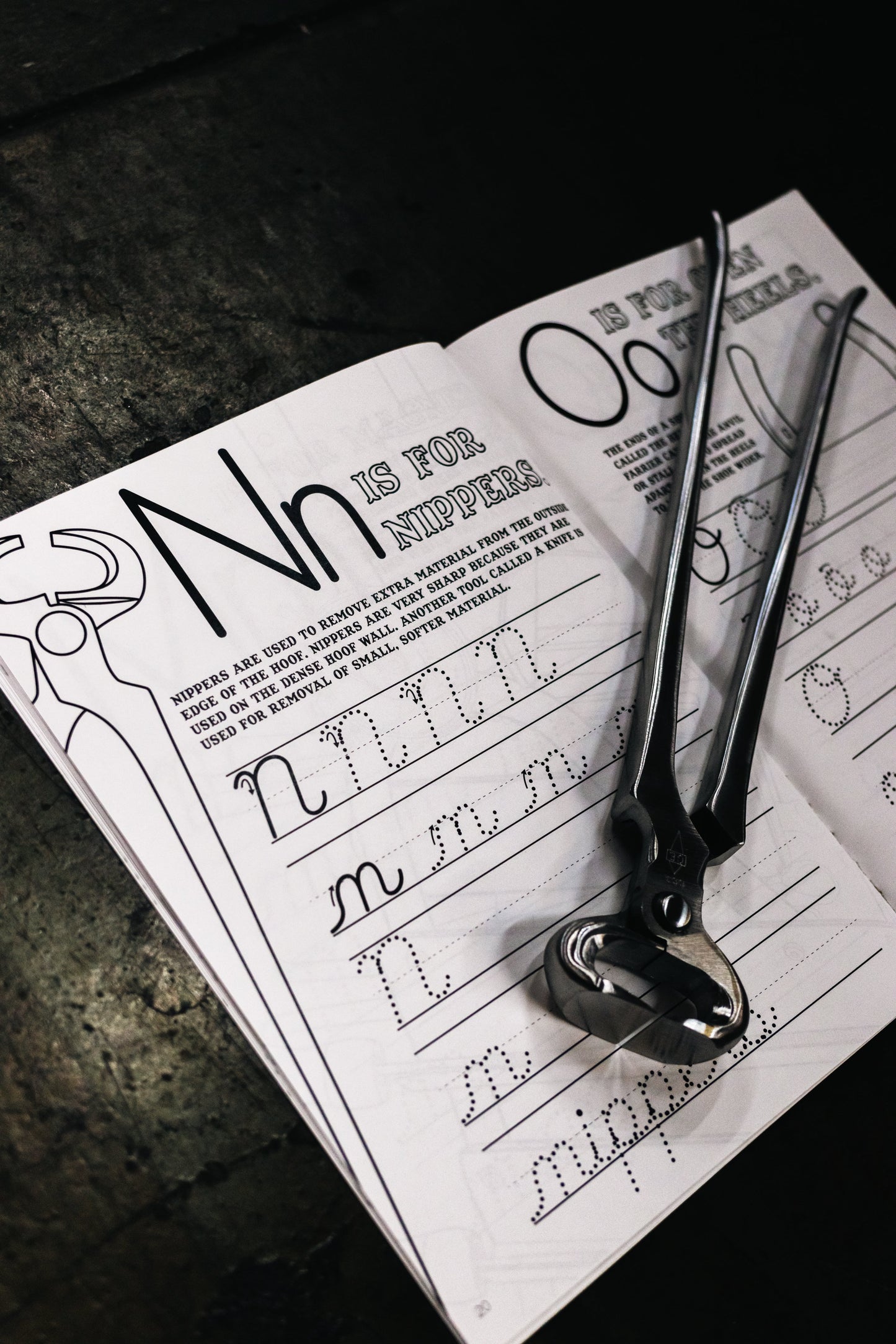 Inside page of the farrier cursive workbook. Showing the nippers page with actual nippers. 